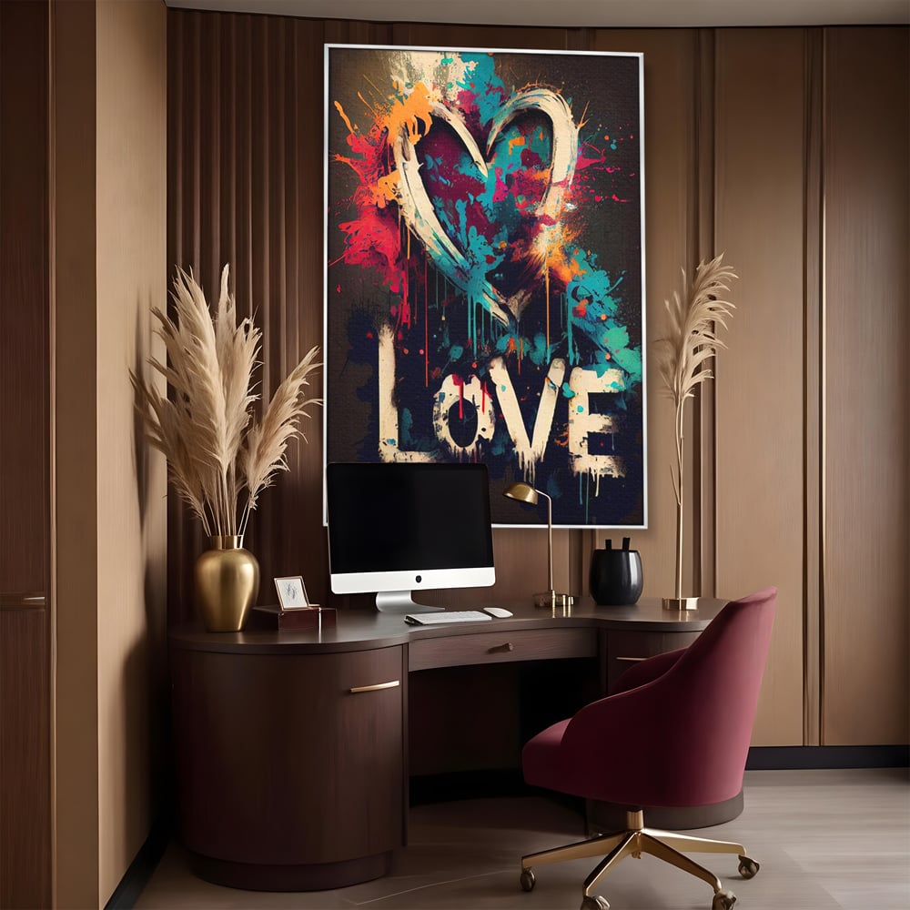 Tablou canvas cu tablou canvas cu inima graffiti si cuvantul love, in rama de aluminiu argintiu, pe perete intr-un birou
